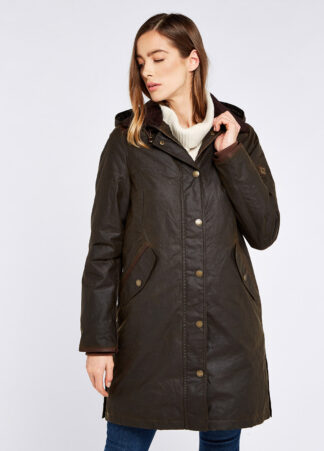 Ormond Ladies LONG Waxed Jacket PRIMALOFT foret, Oliven - Dubarry